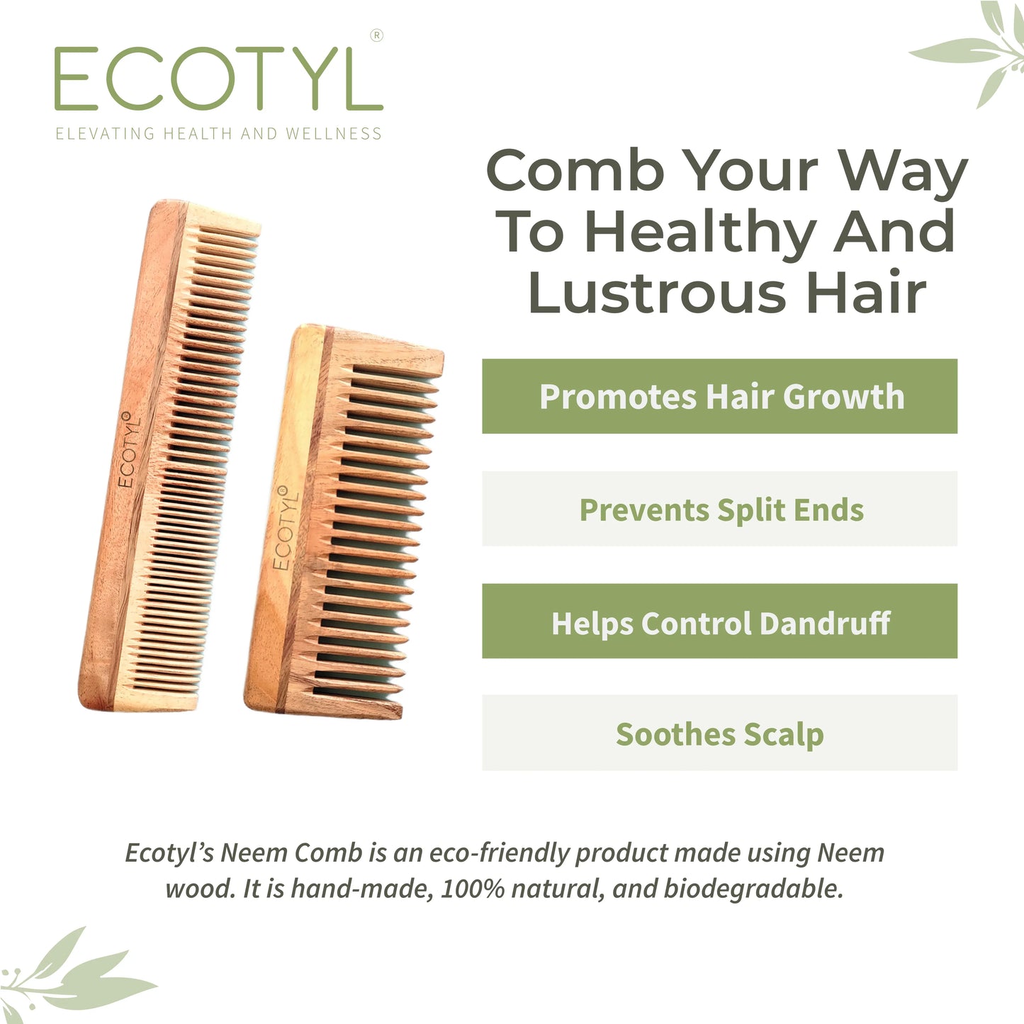 Ecotyl Neem Wood Comb Combo - Detangling Comb & Shampoo Comb | Gentle on Hair | Prevents Dandruff - Set of 2 - Orgoshops