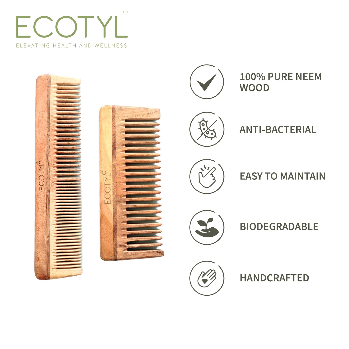 Ecotyl Neem Wood Comb Combo - Detangling Comb & Shampoo Comb | Gentle on Hair | Prevents Dandruff - Set of 2