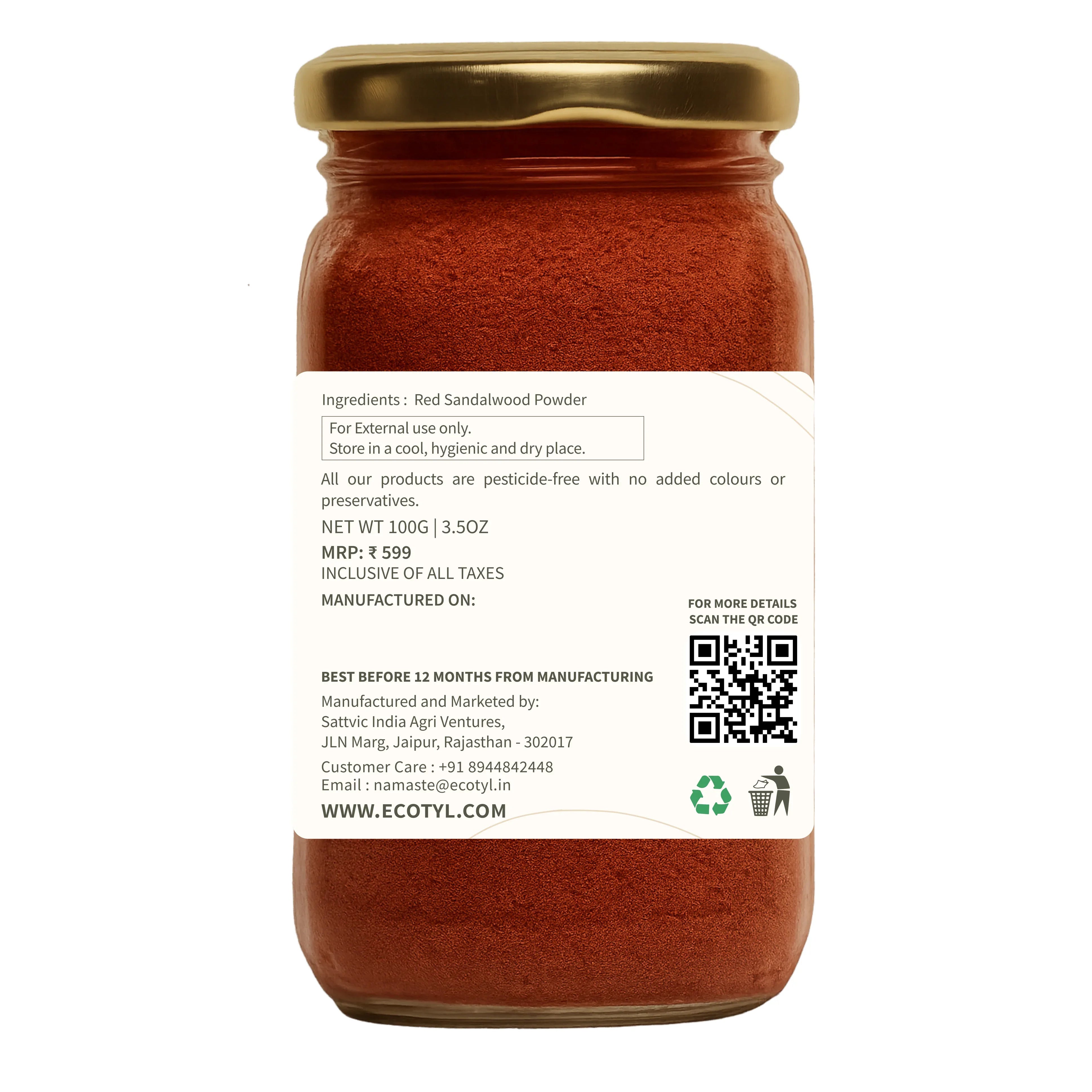 Ecotyl Red Sandalwood Powder | Natural Skin Brightener | Anti-Acne| Ayurvedic Skincare - 100g - Orgoshops