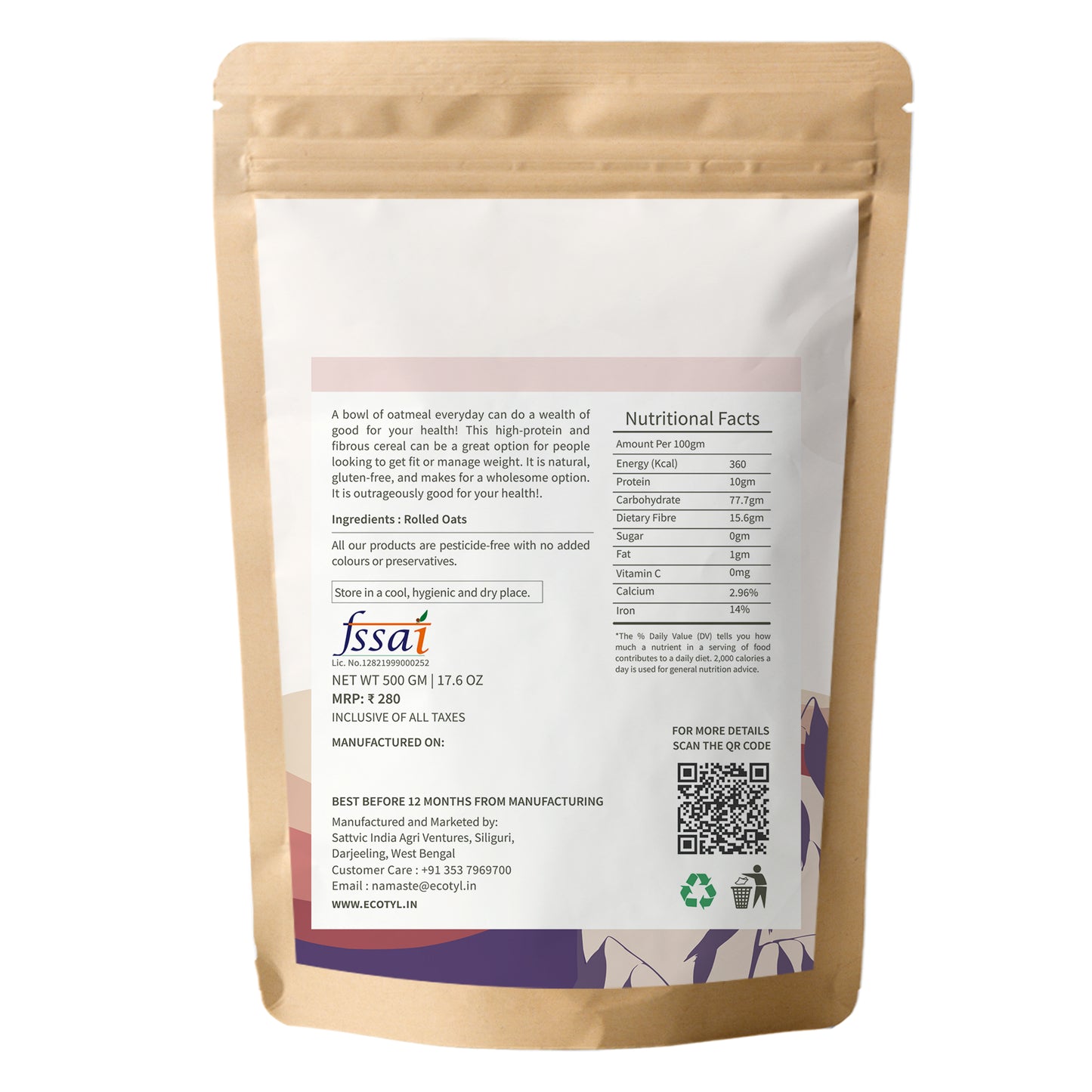 Ecotyl Rolled Oats | Gluten Free | Protein Rich - 500g