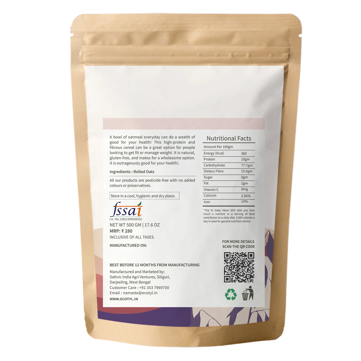 Ecotyl Rolled Oats | Gluten Free | Protein Rich - 500g - Orgoshops