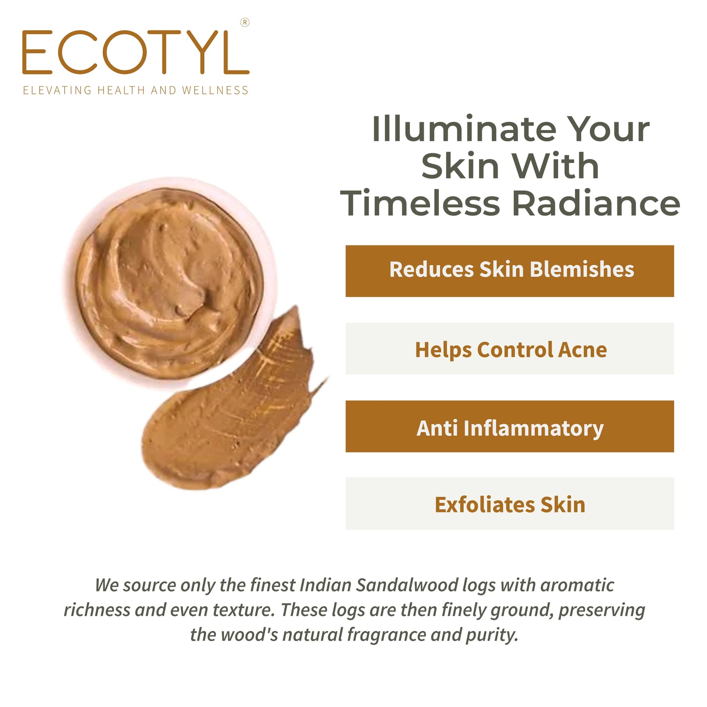 Ecotyl Pure Sandalwood Powder | Face Pack for Skin Brightening & Pore Cleansing - 100g - Orgoshops
