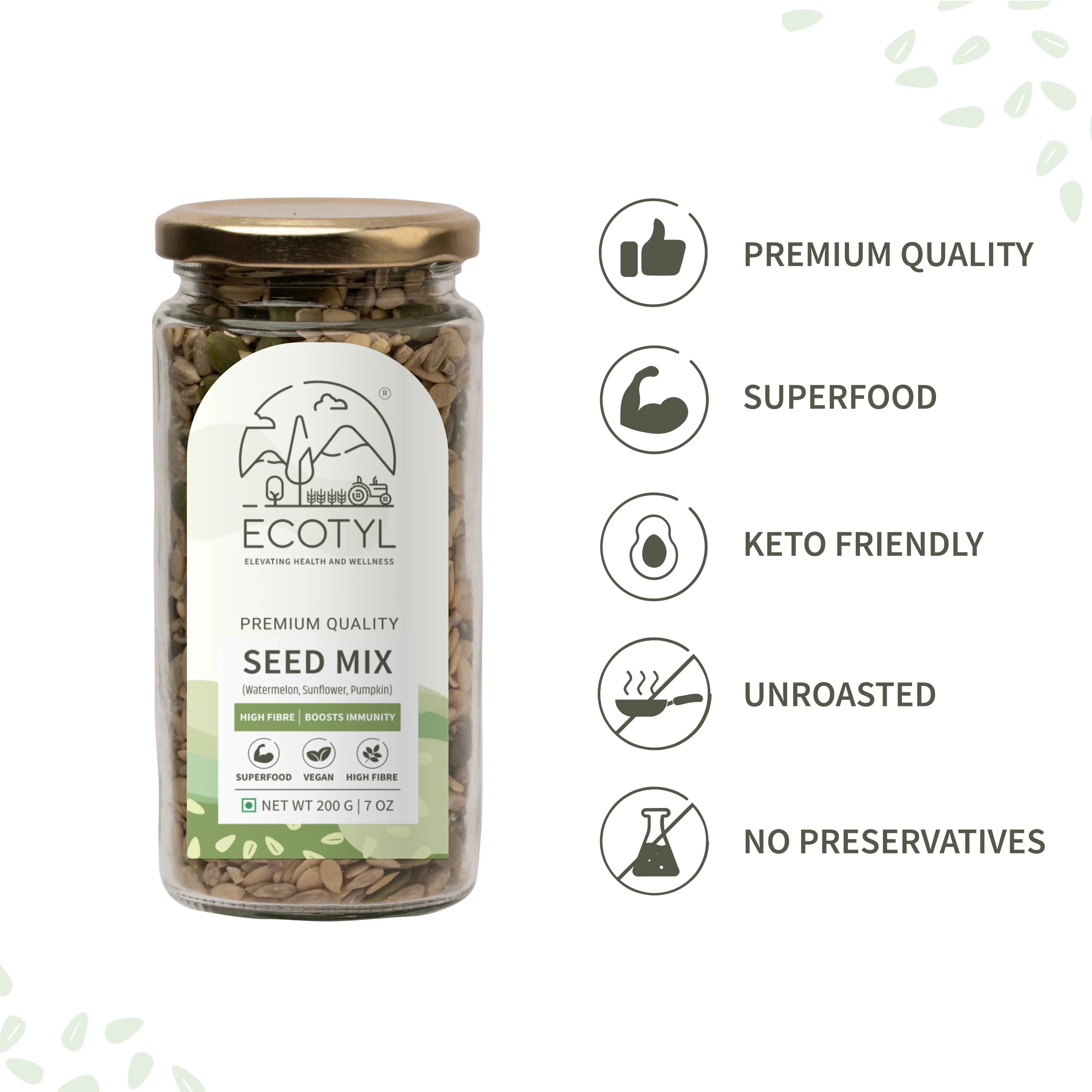Ecotyl Seed Mix | Sunflower, Pumpkin, and Watermelon Seeds | Unroasted - 200g - Orgoshops