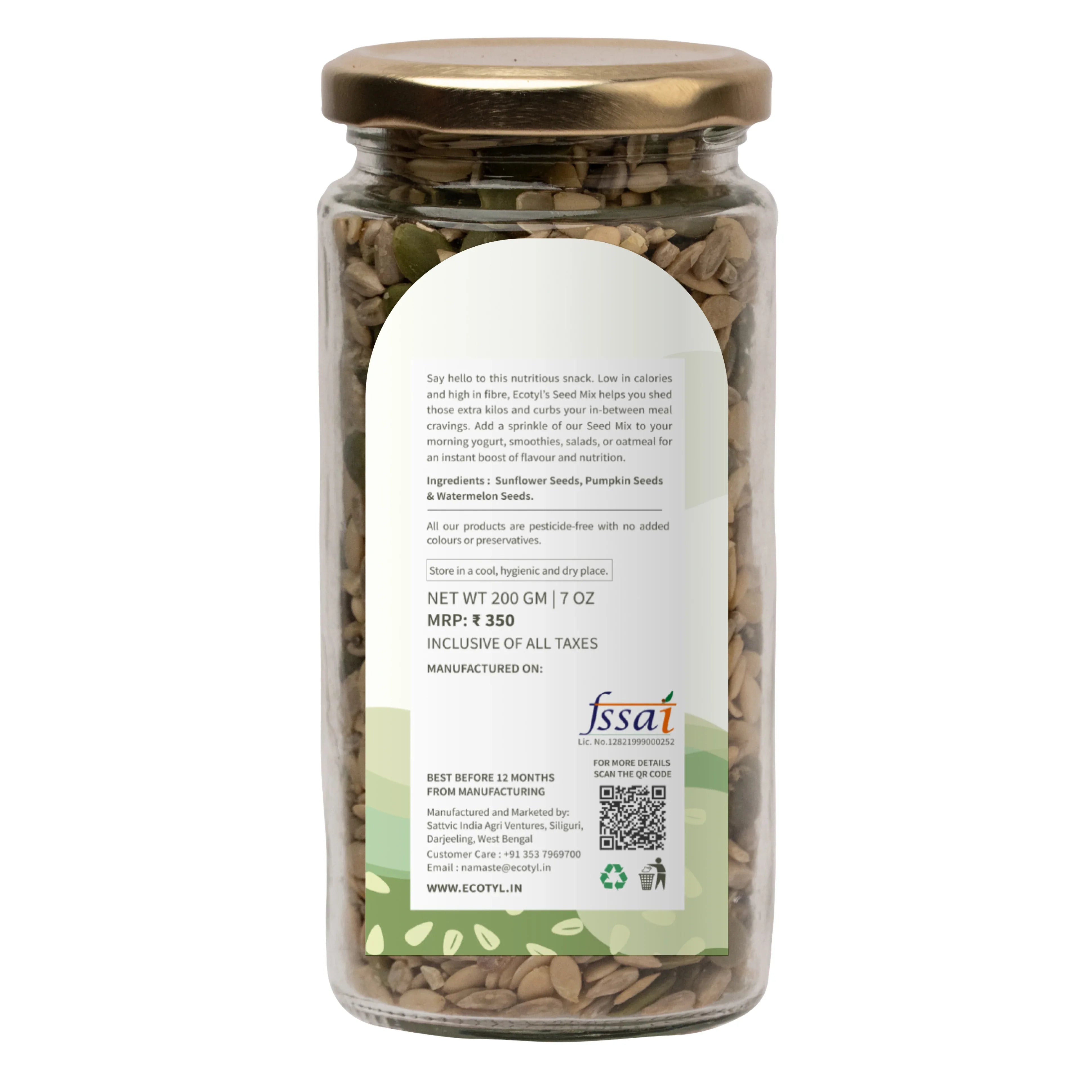 Ecotyl Seed Mix | Sunflower, Pumpkin, and Watermelon Seeds | Unroasted - 200g - Orgoshops
