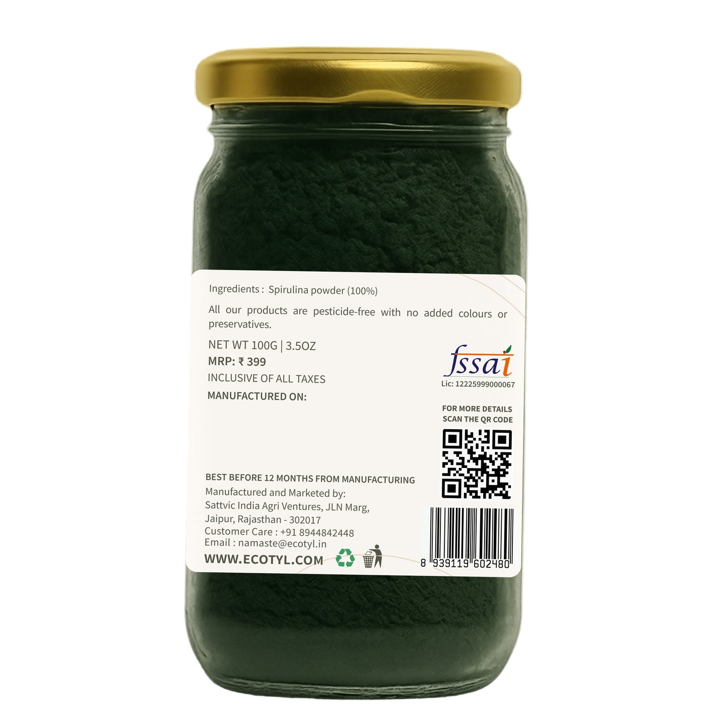 Ecotyl Spirulina Powder | Superfood | High Protein & Nutrients - 100g