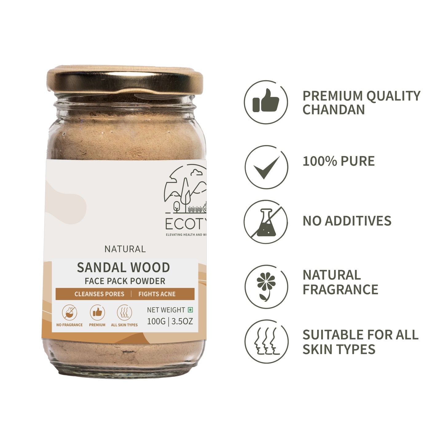 Ecotyl Pure Sandalwood Powder | Face Pack for Skin Brightening & Pore Cleansing - 100g