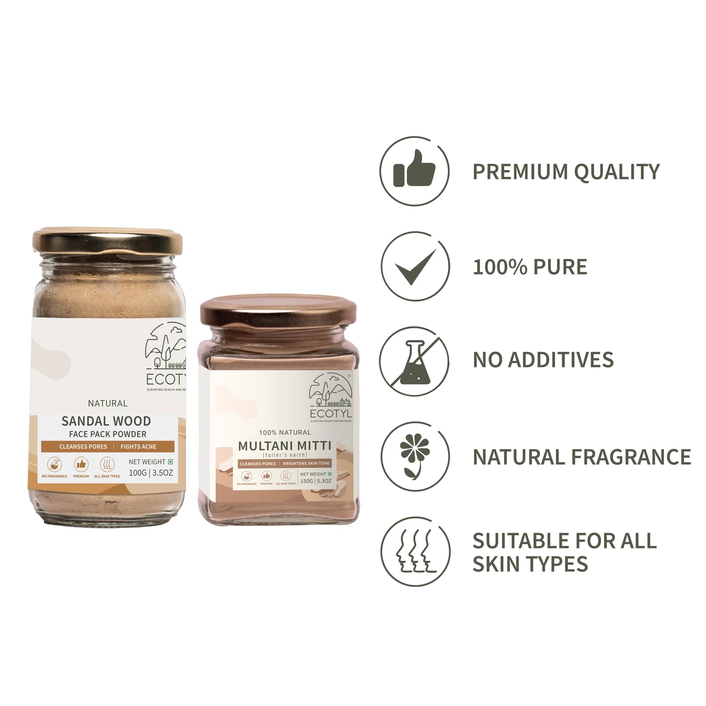 Ecotyl Face Pack Combo - Sandalwood Powder and Multani Mitti | Duo for Skin Brightening and Glow - 100g + 150g - Orgoshops