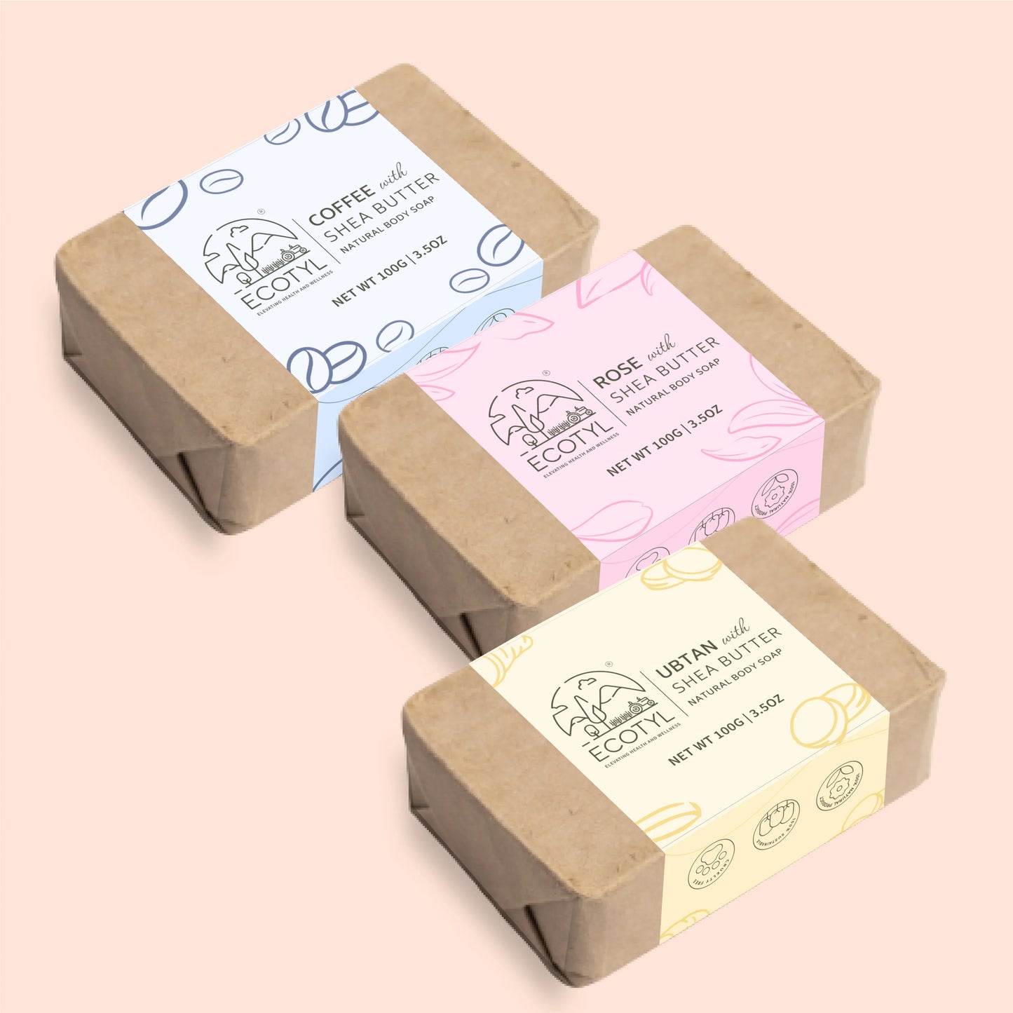 Ecotyl Shea Butter Soaps - Ubtan, Rose & Coffee | 100% Natural | Gentle Cleanser - Set of 3 - Orgoshops