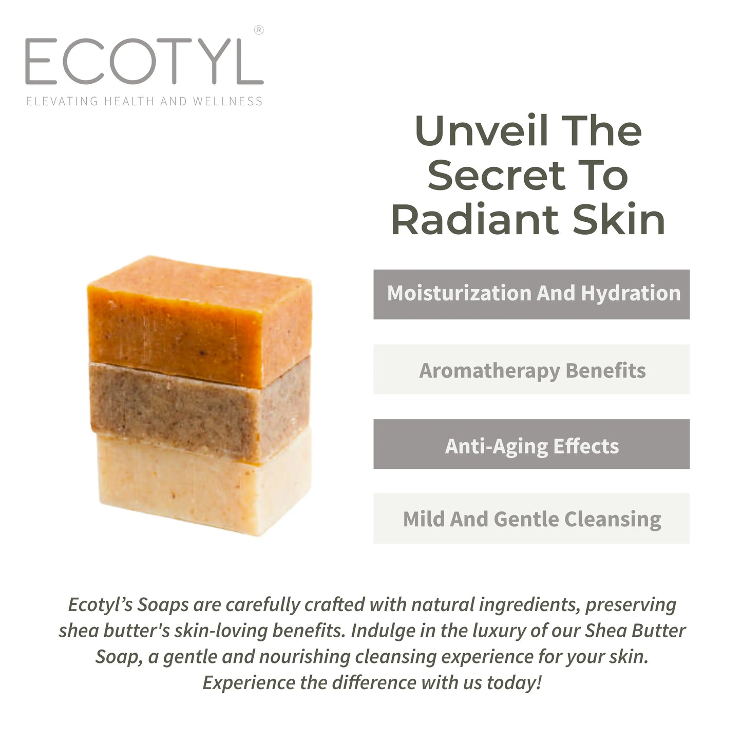 Ecotyl Shea Butter Soaps - Ubtan, Rose & Coffee | 100% Natural | Gentle Cleanser - Set of 3 - Orgoshops