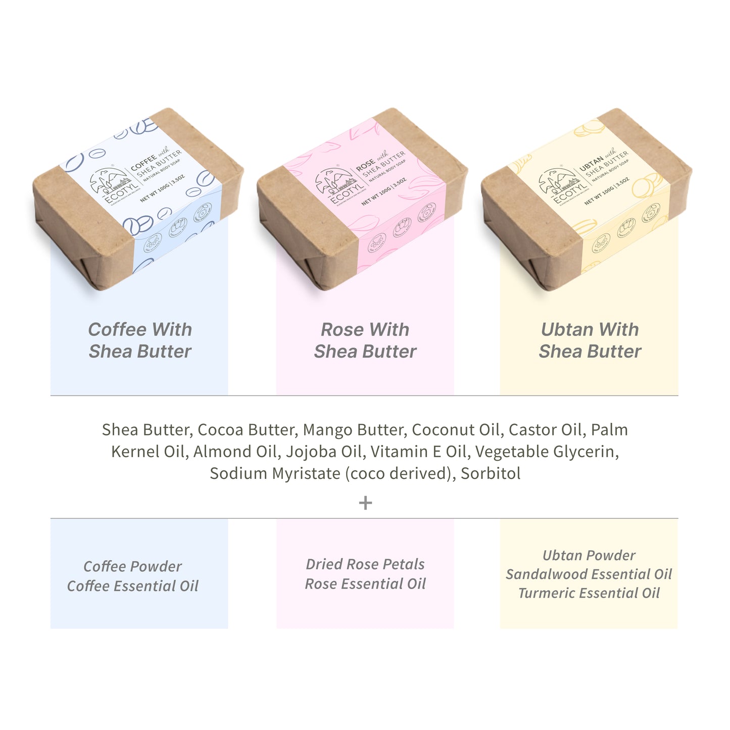Ecotyl Shea Butter Soaps - Ubtan, Rose & Coffee | 100% Natural | Gentle Cleanser - Set of 3