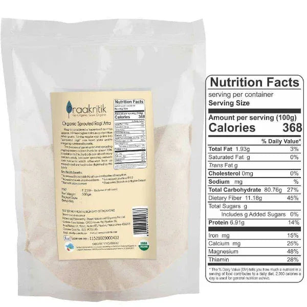 Praakritik Organic Sprouted Ragi Atta-500g - Orgoshops