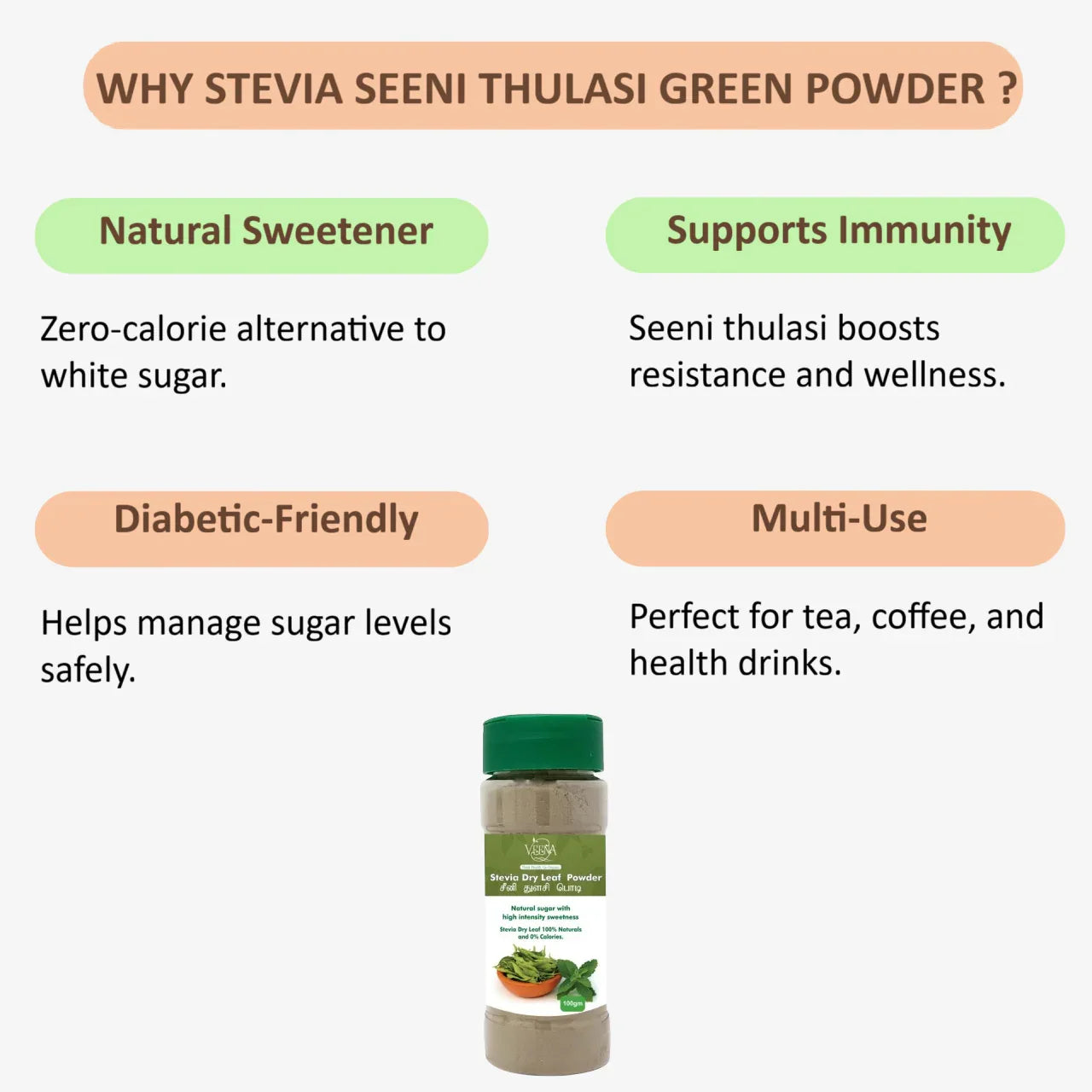 Veena Stevia Seeni Thulshi Green Powder - 60g ( Pack of 2 ) - Orgoshops