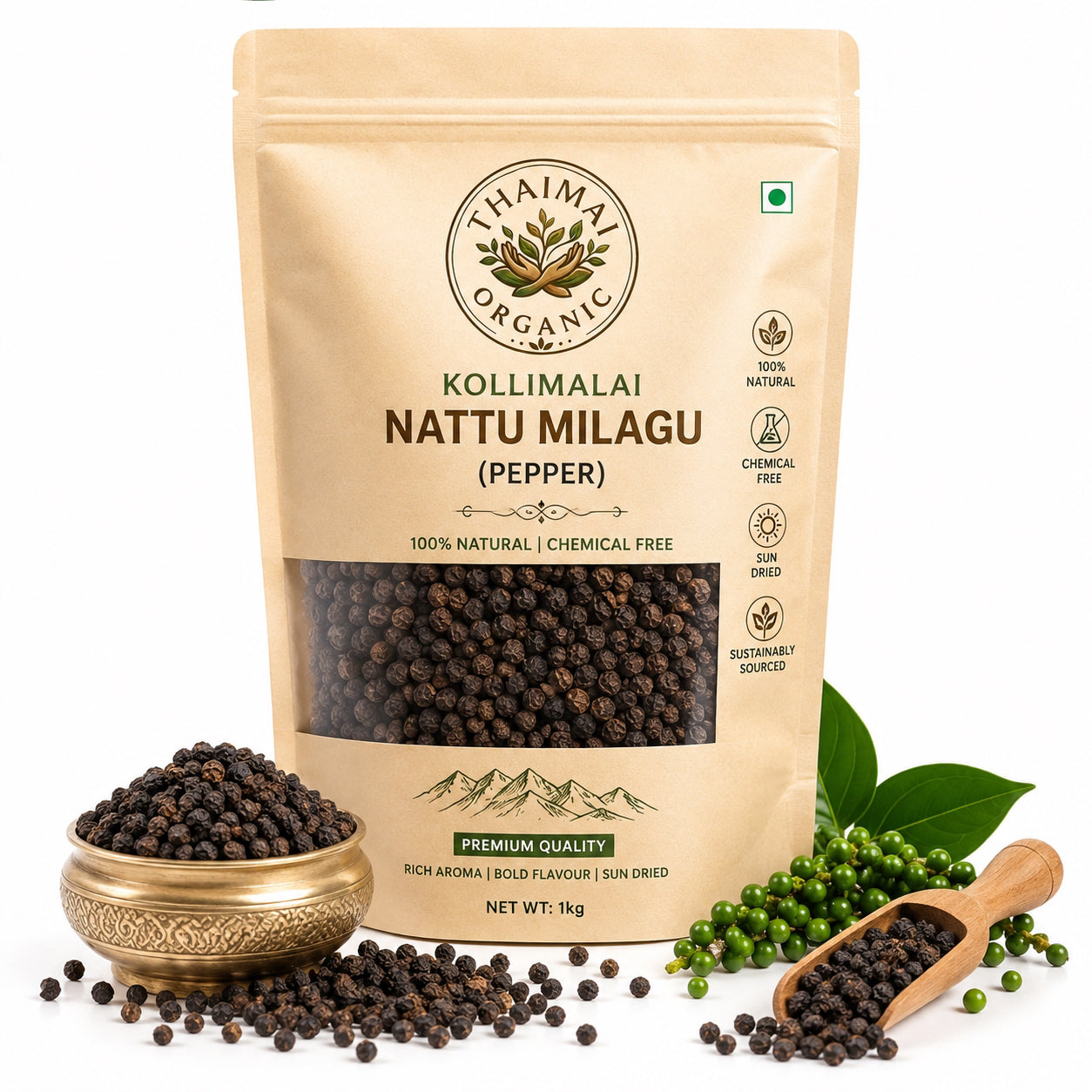 Thaiman Organic Kollimalai Nattu Milagu (Pepper) – 1kg