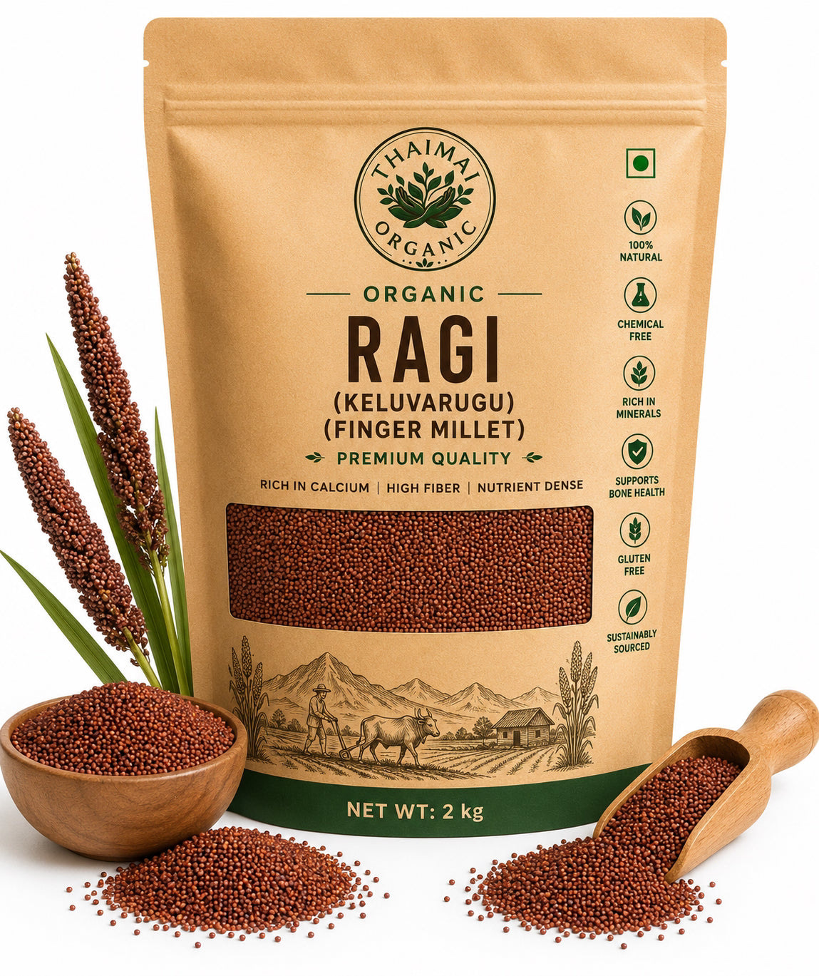 Thaiman Organic Ragi / Keluvarugu / Millet / Finger Millet - 2 kg