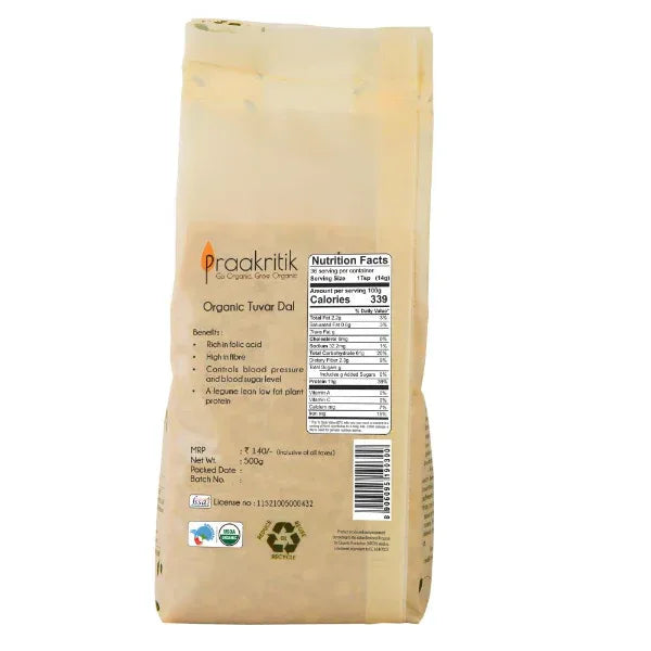 Praakritik Organic Tuvar Dal-500g - Orgoshops