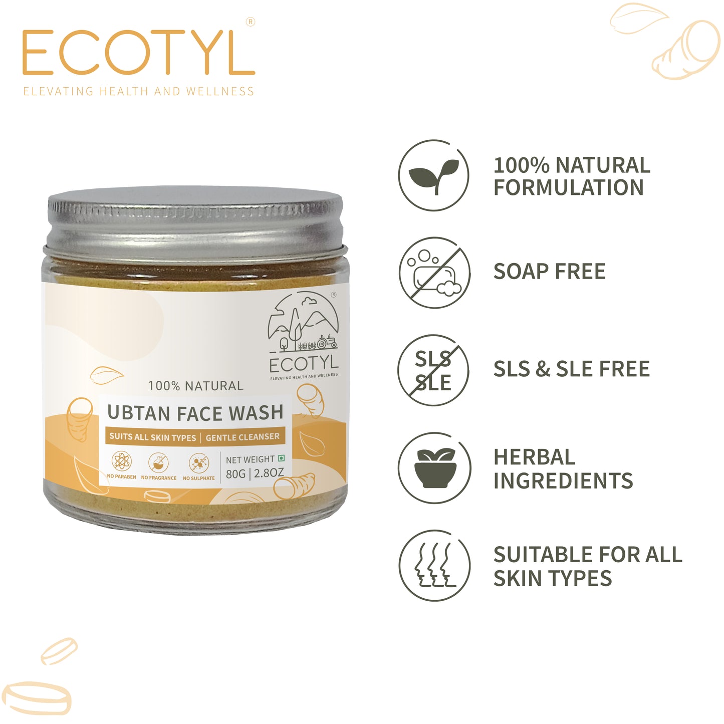 Ecotyl Ubtan Face Wash Powder | 100% Natural Gentle Cleanser - 80g