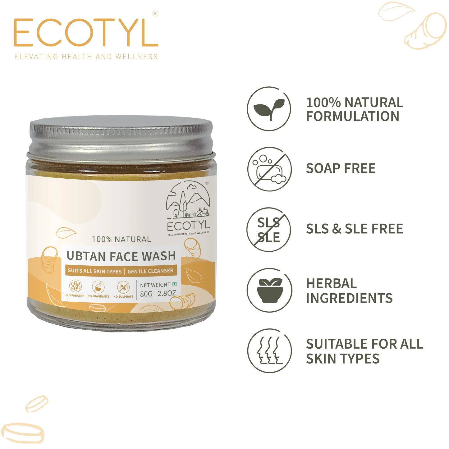 Ecotyl Ubtan Face Wash Powder | 100% Natural Gentle Cleanser - 80g - Orgoshops