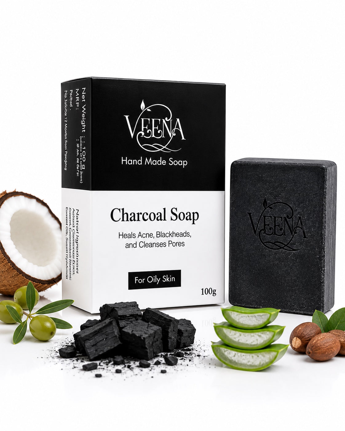 Veena Charcoal Natural Soap - 100g ( Pack of 3)