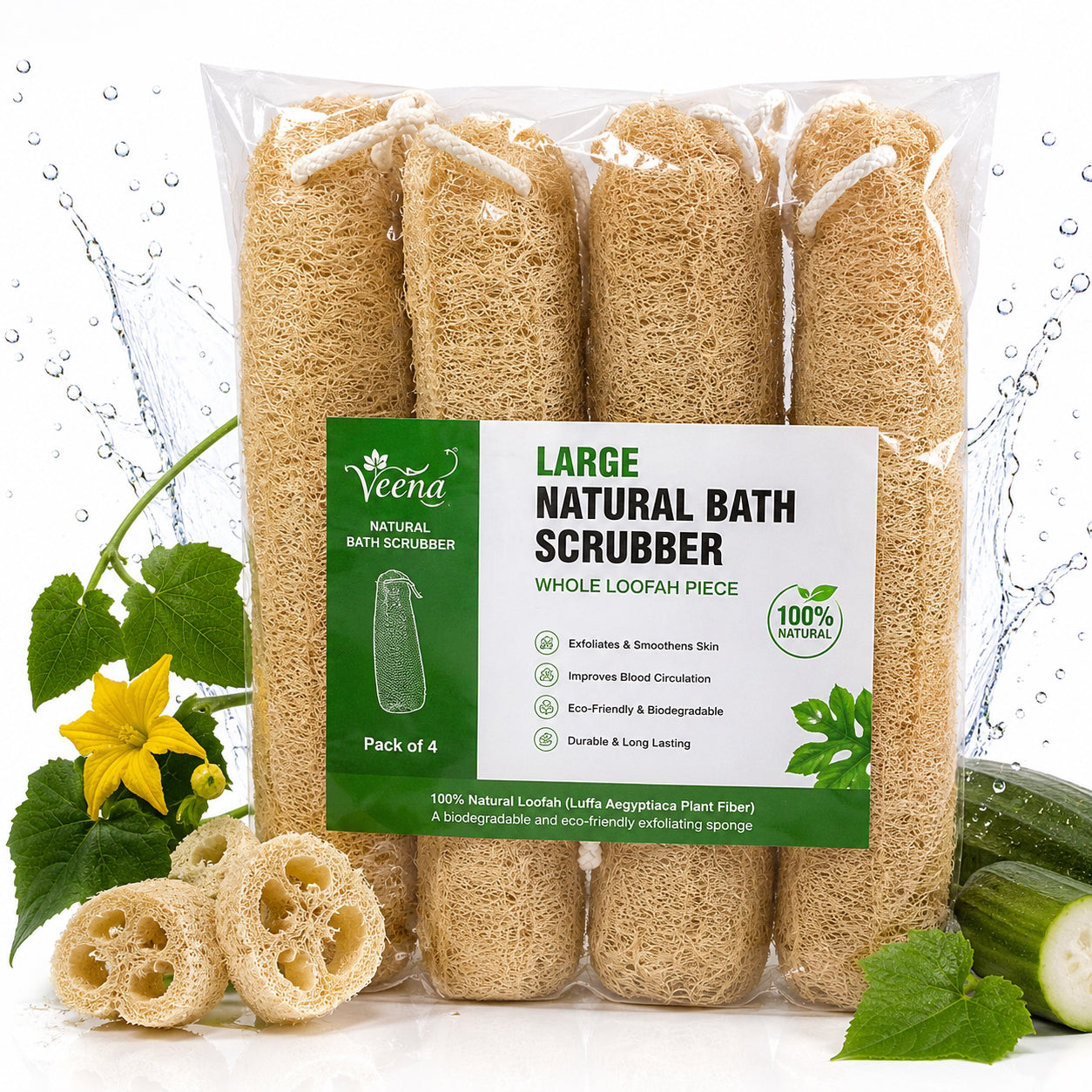Veena Large Natural Bath Scrubber Whole Loofah Piece ( Pack of 4 )