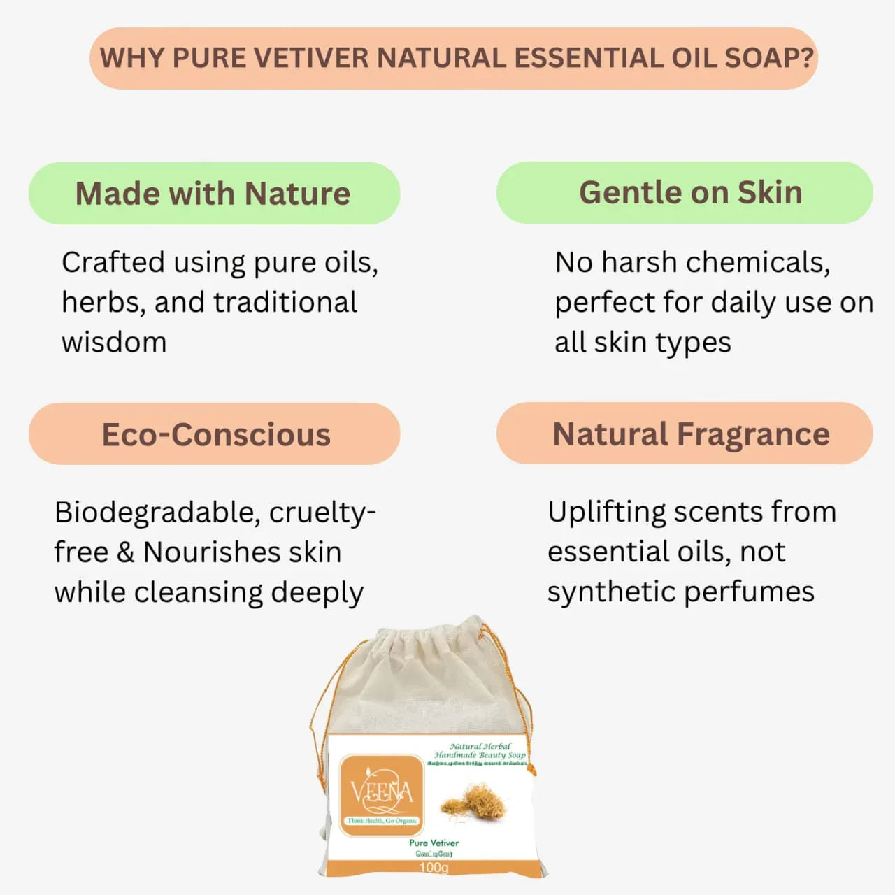 Veena Pure Vetiver Natural Essential Oil Soap - 100g - Orgoshops