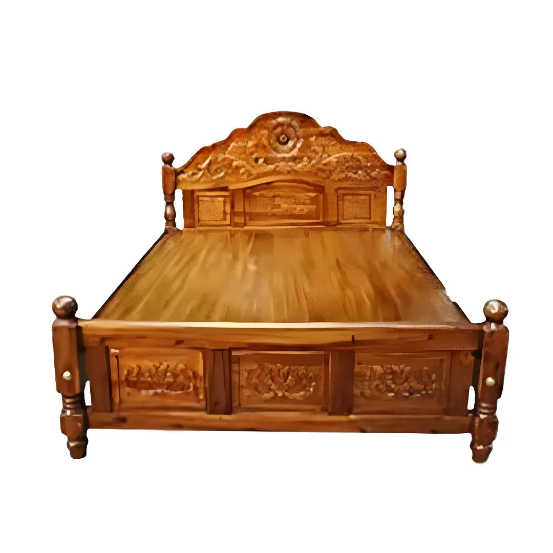 KPR Furniture Wooden Double Cot Bedsize Without Storage Teak Finish - 75 × 48 inches ( Brown ) - Orgoshops