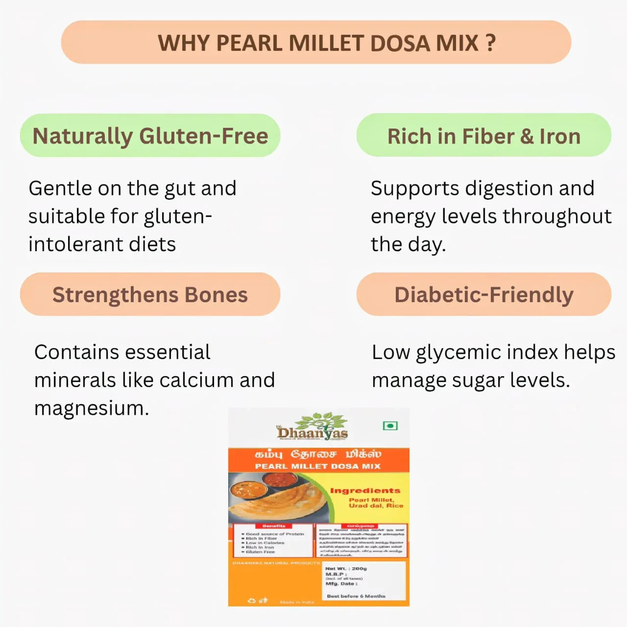 Dhaanyas Pearl Millet Dosa Mix - 200 Gms (Pack of 3) - Orgoshops