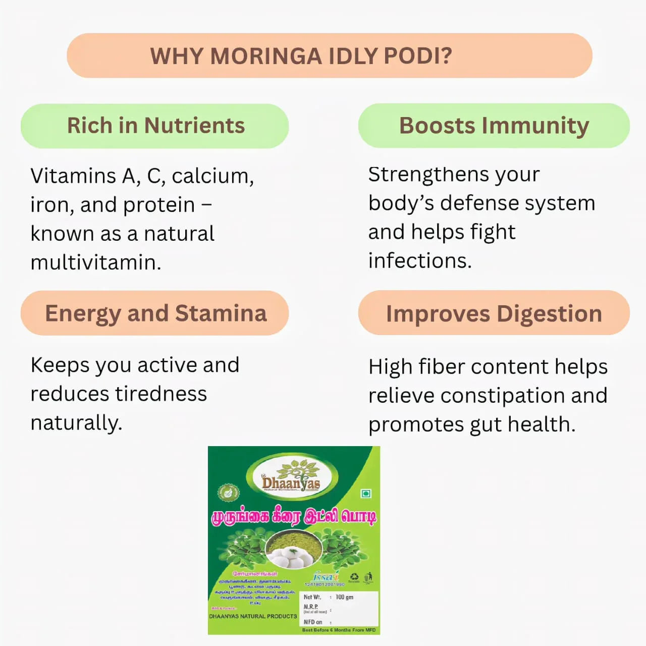 Dhaanyas Moringa Idli Podi - 100 Gms (Pack of 3) - Orgoshops