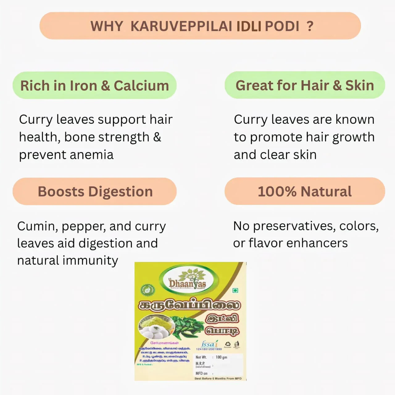 Dhaanyas Karuveppilai Idly Podi - 100 Gms (Pack of 3) - Orgoshops