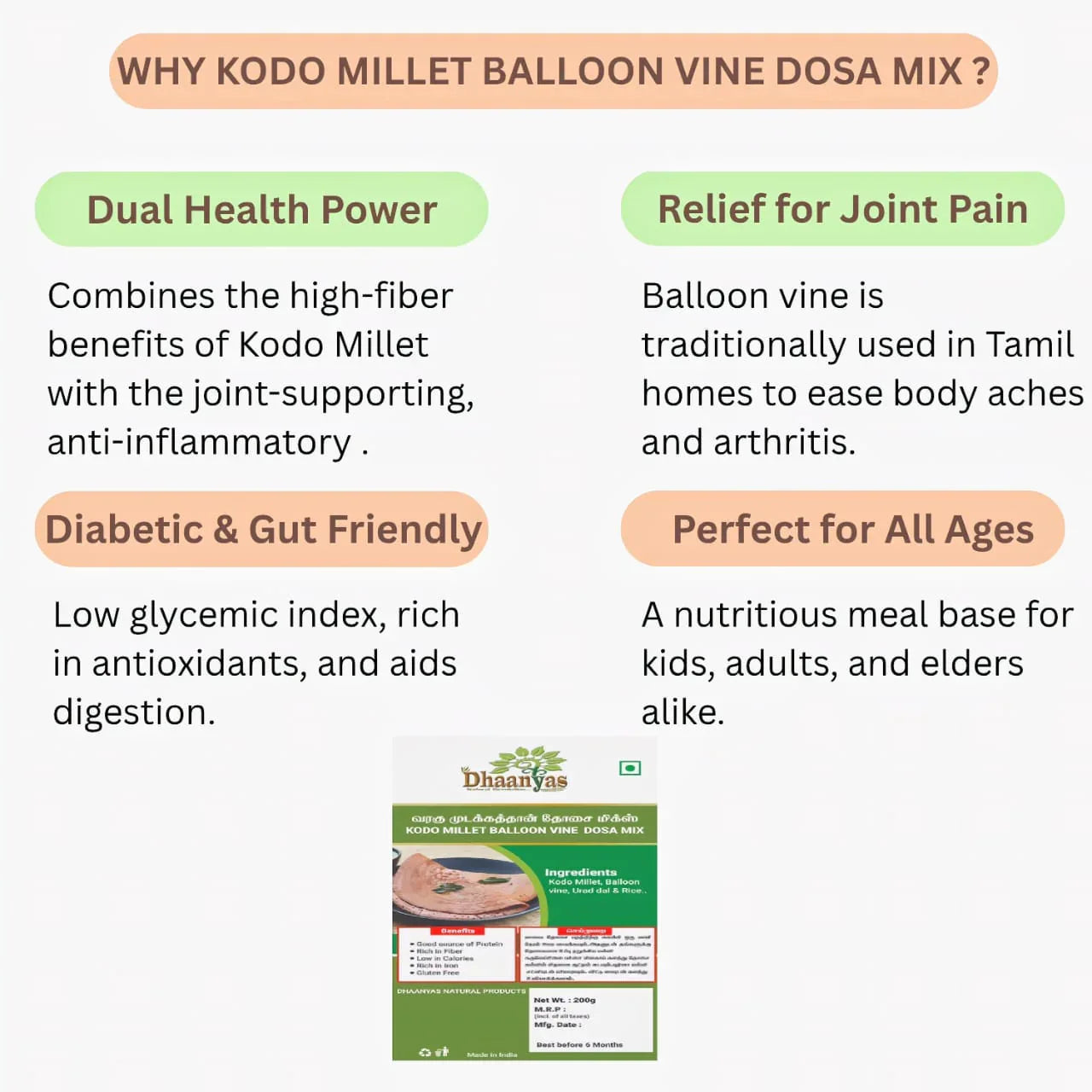 Dhaanyas Kodo Millet Balloon Vine Dosa Mix - 200 Gms (Pack of 3) - Orgoshops