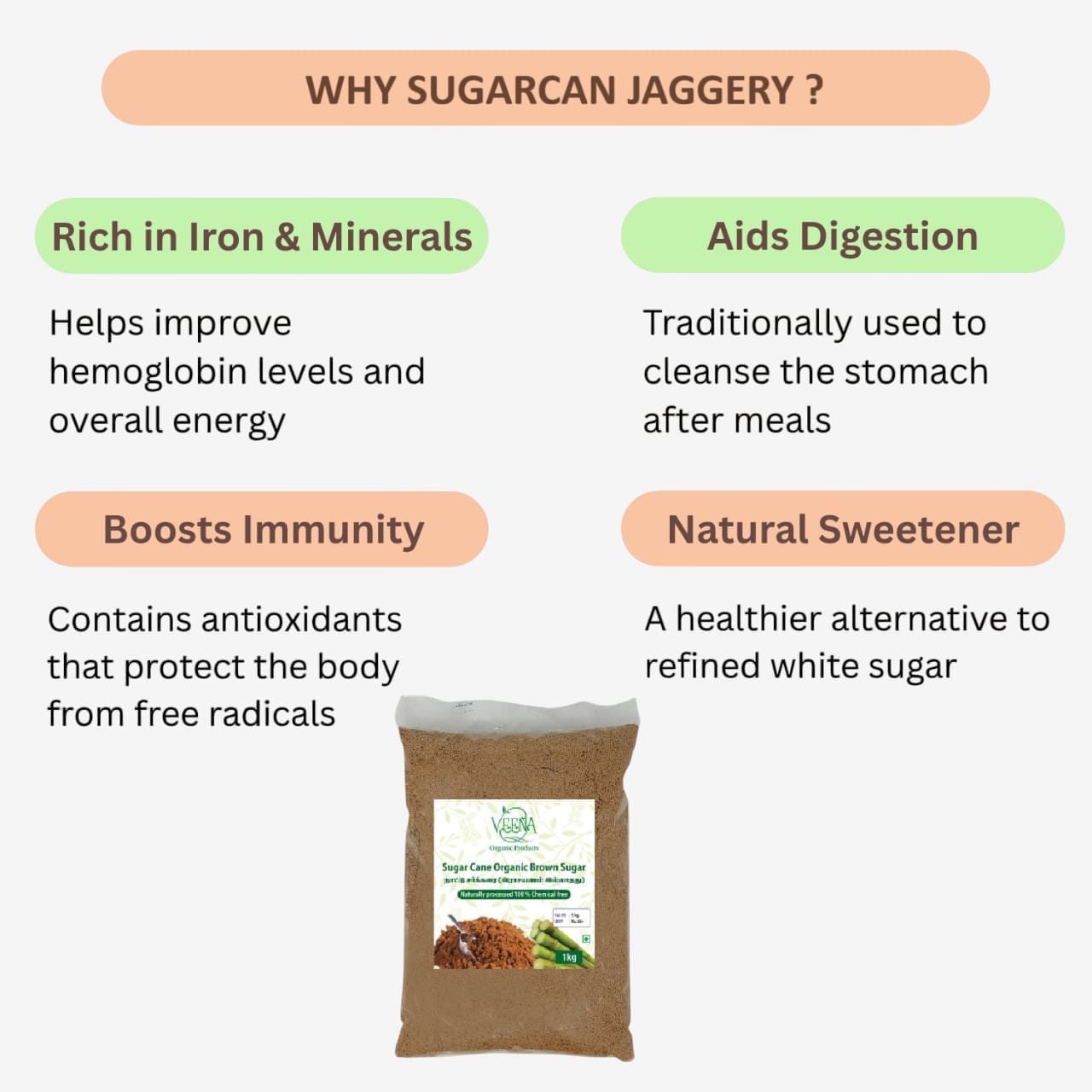 Veena Sugar Cane Jaggery - 1kg ( Pack of 2 )