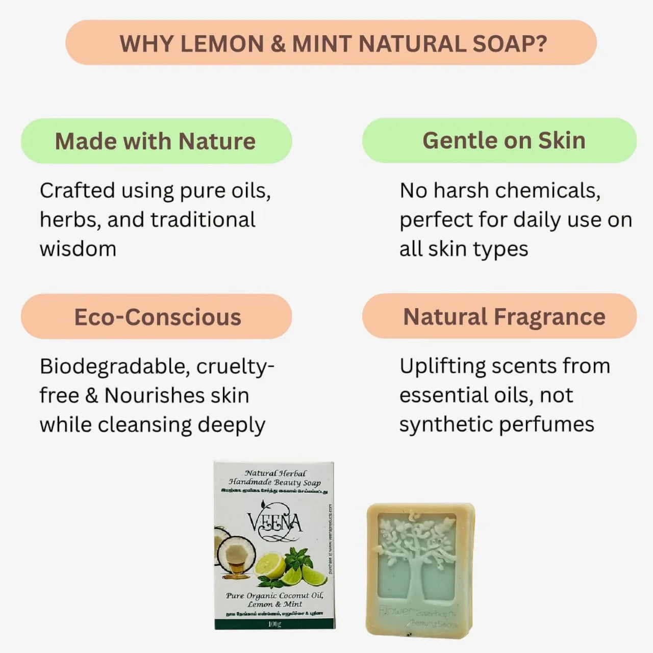 Veena Lemon & Mint Natural Soap - 100 g ( Pack of 3 ) - Orgoshops