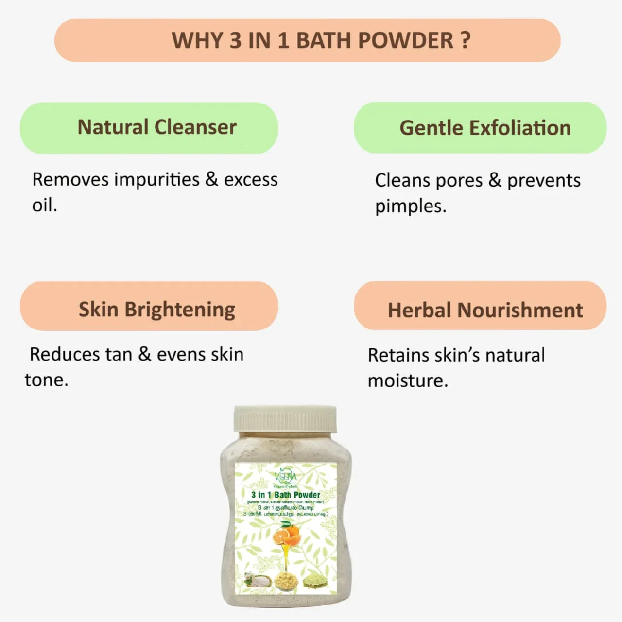 Veena 3 In 1 Bath Powder Channa Dhal, Green Mung Gram & Rice Floor - 250g ( Pack of 2 ) - Orgoshops