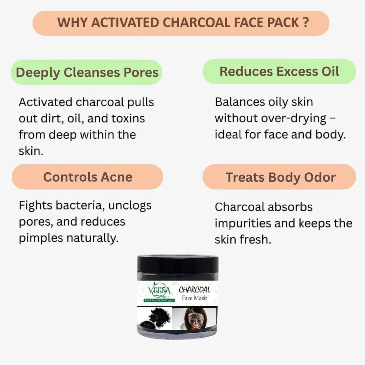 Veena Activated Charcoal (Pine) Face Pack - 30g - Orgoshops