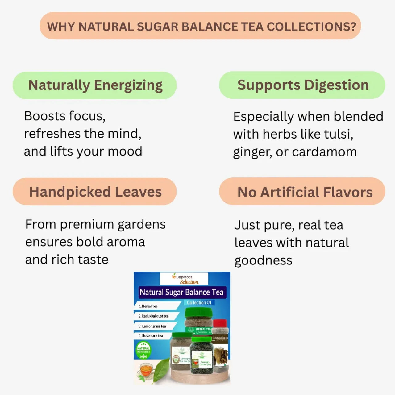 Natural Sugar Balance Tea Collections T2 | Combo of Herbal Tea With 50 Herbs – 80gm ,Hartikai kadukai Dust Tea – 100g ,Lemongrass Cut Leaf Tea – 75g and Rosemery Cut Leaf Tea – 75g | Veena Product - Orgoshops