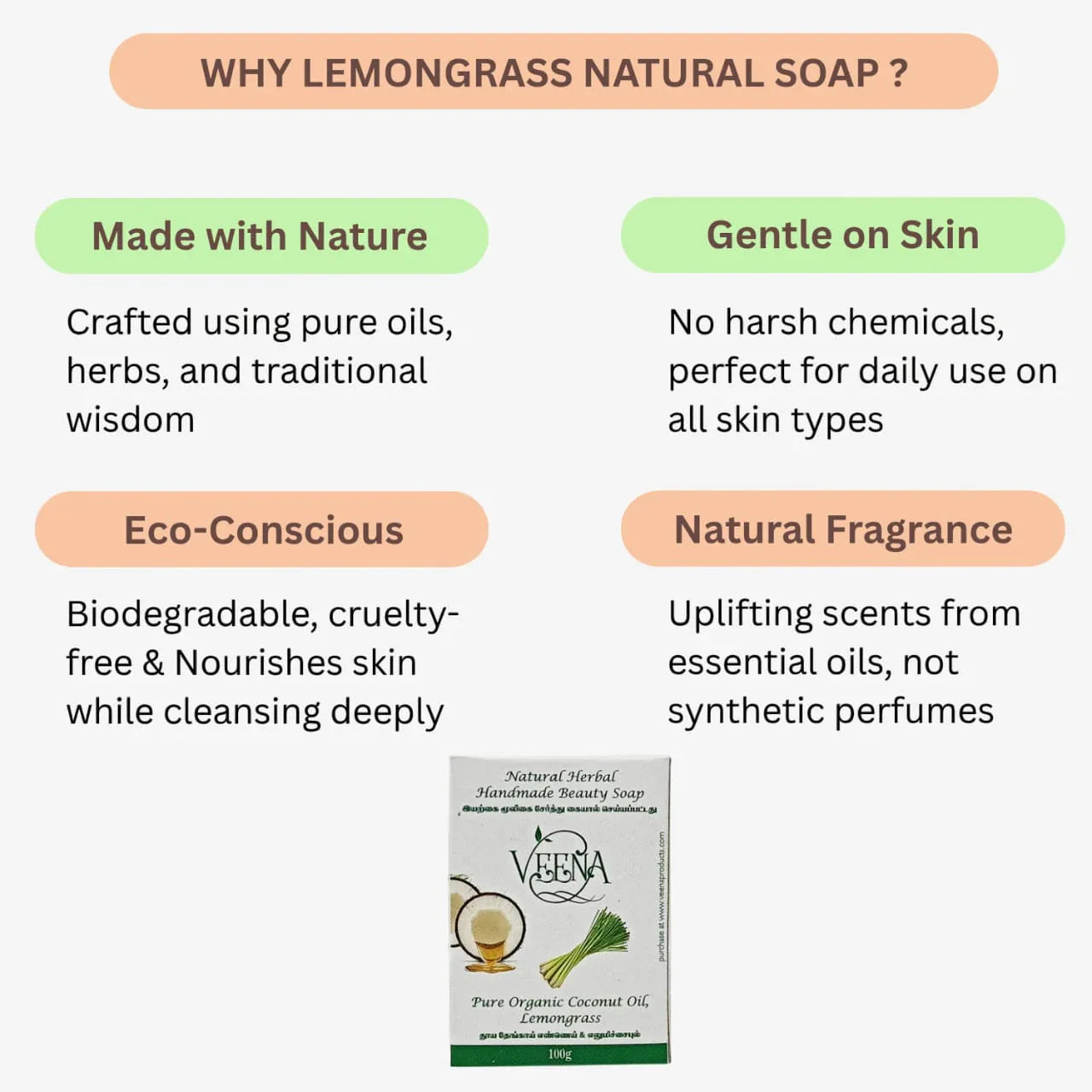 Veena Lemongrass Natural Soap - 100g ( pack of 3 ) - Orgoshops