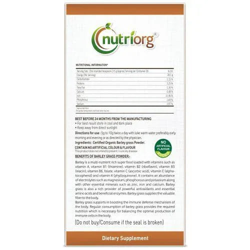 Nutriorg Certified Organic Barley Powder - 100g - Orgoshops