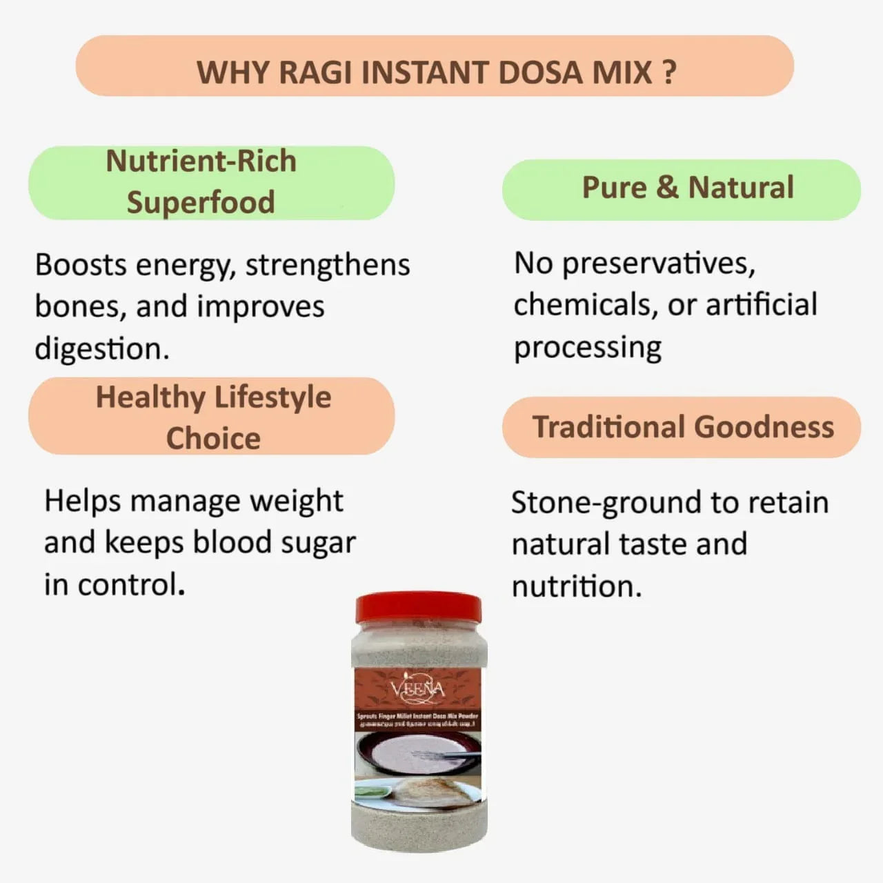 Veena Ragi Instant Dosa Mix – 500g ( Pack of 2 ) - Orgoshops