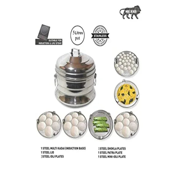 MYNAKSHA Stainless Steel Idly Cooker 6 Plate Induction stove Compatible Idli Maker - Orgoshops