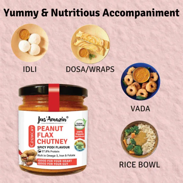 Jus Amazin Crunchy Organic Peanut Flax Chutney – Spicy Podi (200g) | 27% Protein - Orgoshops