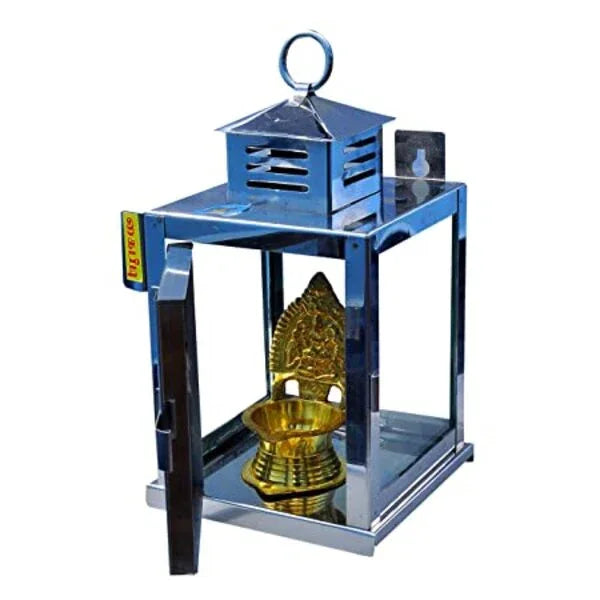 Nakshathra Wall Mounted Brass Oil Lamp with Glass Covers, Small - Orgoshops