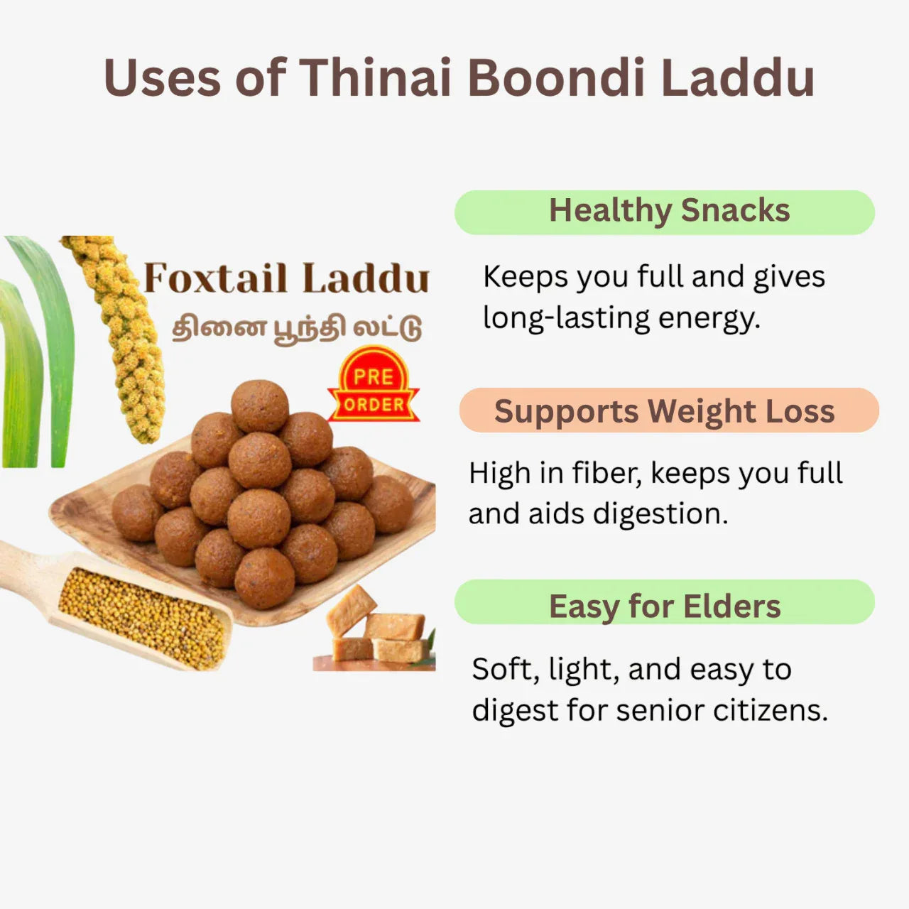 Mupputan Thinai Boondi Laddu (Foxtail Millet) - 1 kg - Orgoshops