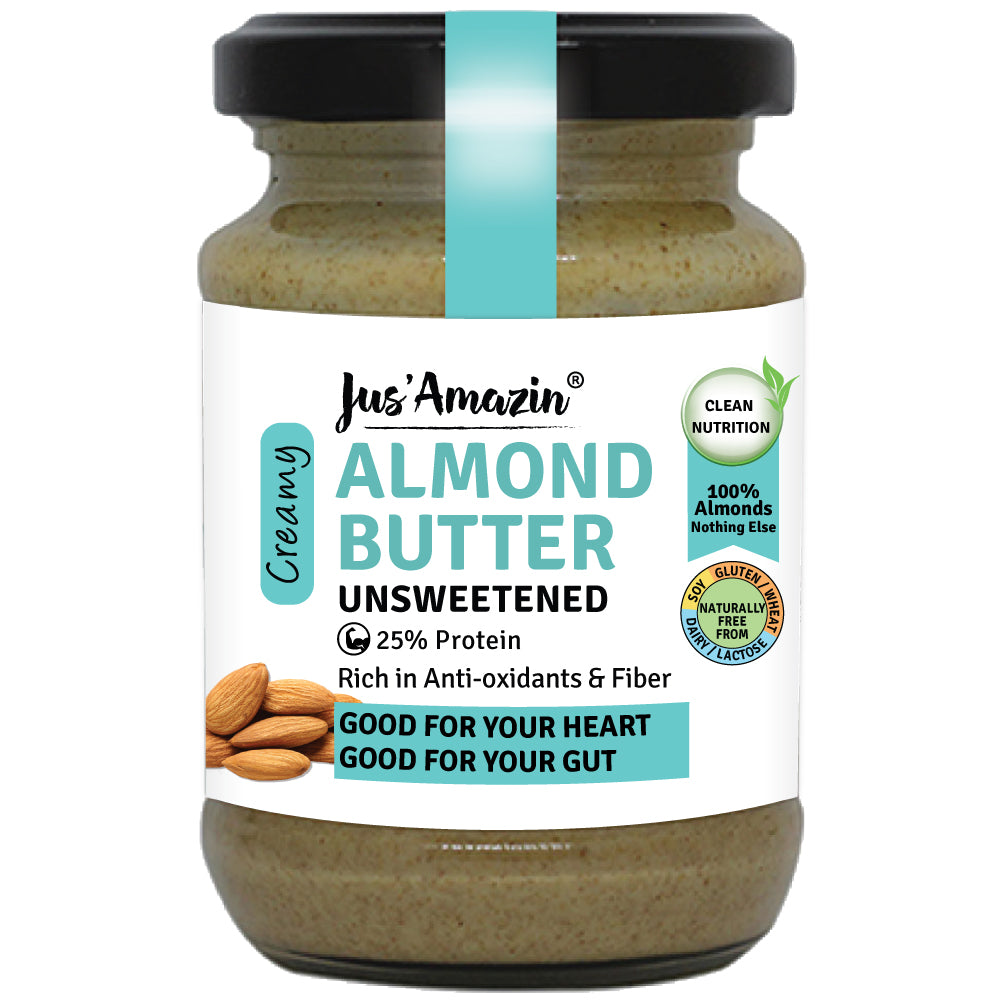 Jus Amazin Creamy Almond Butter - Unsweetened (125g) | 25% Protein | Nutrition