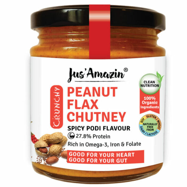 Jus Amazin Crunchy Organic Peanut Flax Chutney – Spicy Podi (200g) | 27% Protein