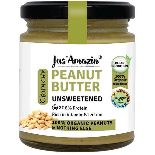 Jus Amazin Crunchy Organic Peanut Butter – Unsweetened (200g) | 28% Protein