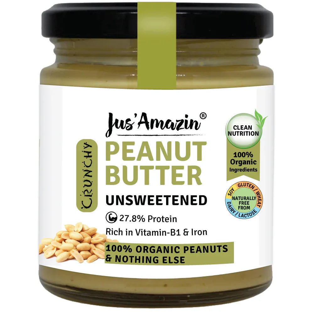 Jus Amazin Crunchy Organic Peanut Butter – Unsweetened (200g) | 28% Protein - Orgoshops