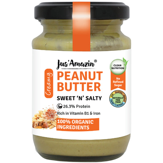 Jus Amazin Creamy Organic Peanut Butter – Sweet ‘N’ Salty (200g) | 26.4% Protein