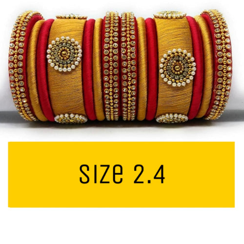 Handmade Silk Thread Bangle Set For Women - 2.4 (Gold And Red)