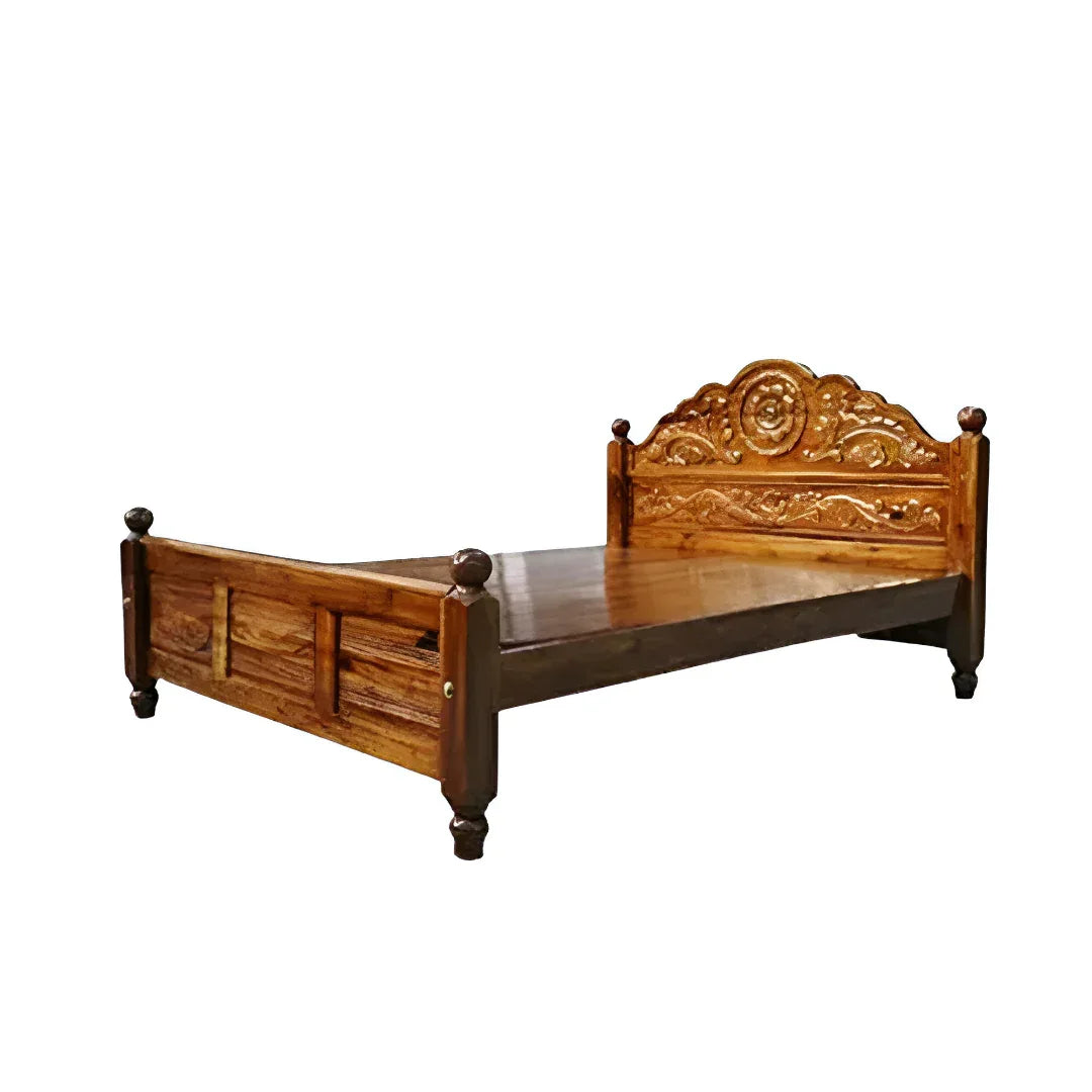 KPR Furniture Wooden Double Cot Bedsize Without Storage Teak Finish - 75 × 60 inches ( Brown ) - Orgoshops