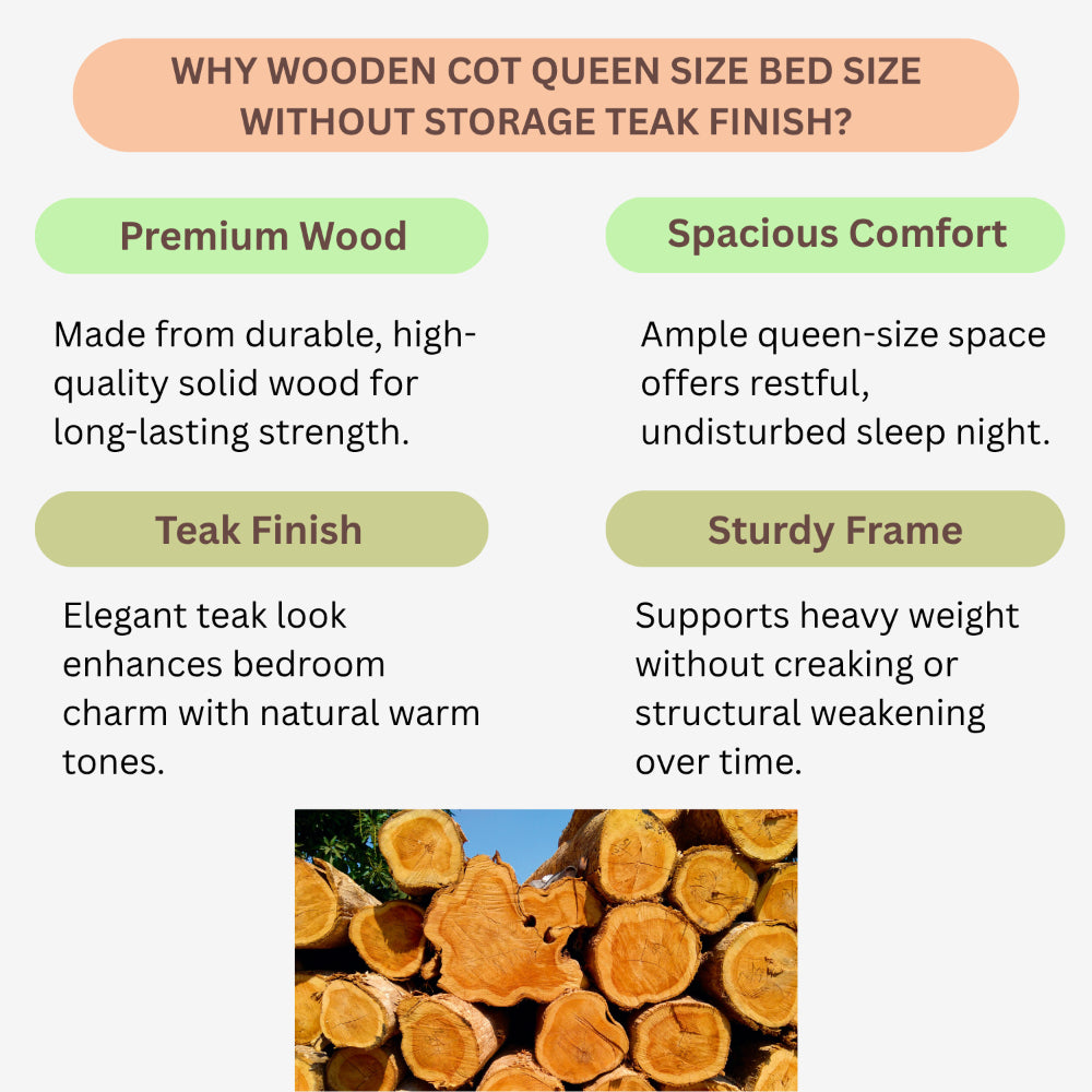 KPR Furniture Wooden Cot Queen Size Bed Size Without Storage Teak Finish - 75 × 60 Inches ( Brown )