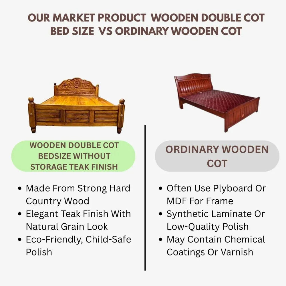 KPR Furniture Wooden Double Cot Bedsize Without Storage Teak Finish - 75 × 48 inches ( Brown ) - Orgoshops